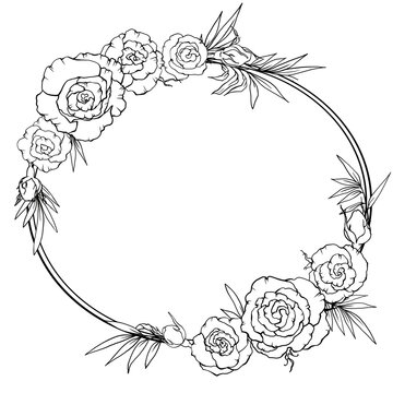 Linear drawing of an oval frame with plant elements monochrome image