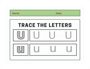 Trace letter U uppercase and lowercase. Alphabet tracing practice preschool worksheet for kids learning. Vector illustration