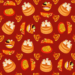 Chinese food seamless pattern. Hand drawn different types of asian food in wooden steamers repeating background. Tasty chinese food, delicious har gao, sticky rice, rolls.