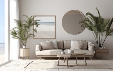 Modern interior design. A living room in a house next to a beach.