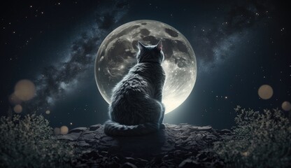 cat looking at a big moon. Created with generative AI.