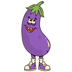 Character eggplant vegetable. Modern illustration with cute comics character. 70s retro vibes.
