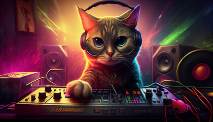 disc jockey dj kitten at work playing records in night club
