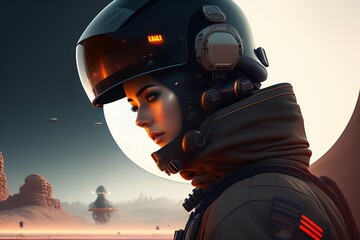 People in futuristic warfare with spatial combination in hyper realistic and cinematographic style created with generative AI