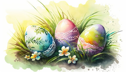 Easter eggs on the grass, watercolour