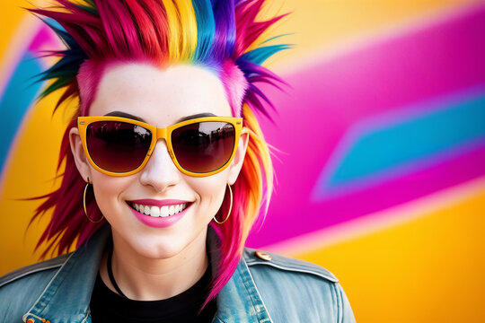 Portrait of a woman with colorful mohawk hair and sunglasses on a abstract painted background, summer vibrancy. Generative AI.
