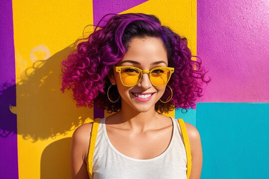 Portrait of a woman with purple hair and sunglasses on a abstract painted background, summer vibrancy. Generative AI.