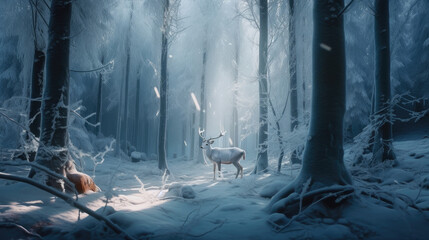 Winter forest with deer. Illustration AI Generative