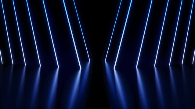 Dark corridor with blue gradient neon glow lines loop animation background
