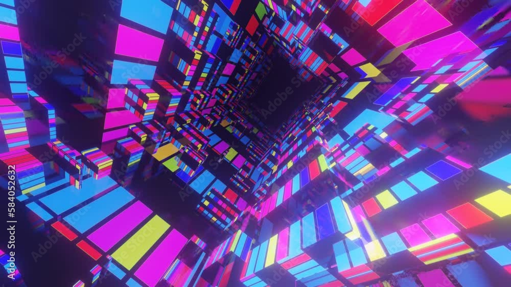 Poster multicolor tunnel. fly through mirror tunnel with neon pattern, glow lines form sci fi pattern. brig