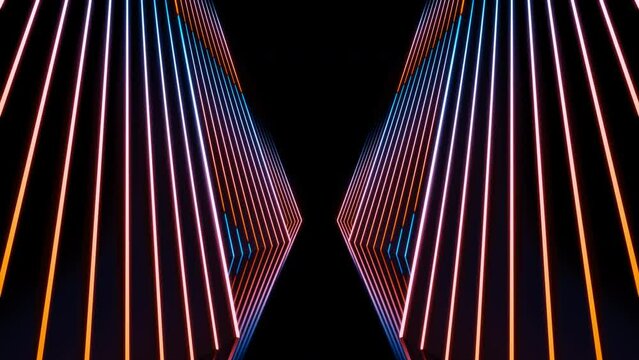Abstract corridor with flow down neon line waves loop animation background