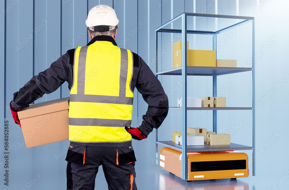 Poster man storekeeper with back to camera. autonomous warehouse robot. warehouse automation. robotic wareh