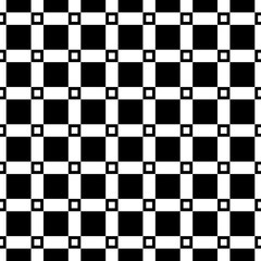 Big and small black quadrangles repetition on white background. Seamless surface pattern design with squares and rectangles ornament. Checkered wallpaper. Dashed and dotted lines motif. Digital paper.