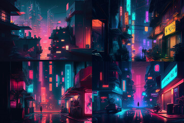 Fototapeta na wymiar City in virtual reality, cyberpunk city street in neon lights