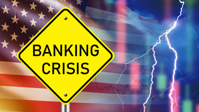 Banking crisis. USA economic collapse. Lightning is metaphor for problems in banking. Bank failure concept in USA. Bank failure due to liquidity crisis. Crisis in USA government bond market. 3d image