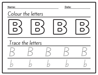 Letter tracing and coloring page for kids. Kids can practice and trace these letters. In this way, they can learn the alphabet. letter B