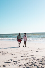 African american mid adult couple holding hands and walking at beach against beautiful sea and sky