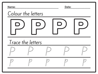 Letter tracing and coloring page for kids. Kids can practice and trace these letters. In this way, they can learn the alphabet. letter P