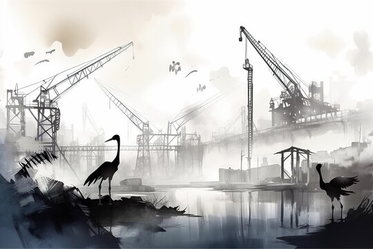 Gloomy Industrial Swamp with Crane Birds, AI Generative