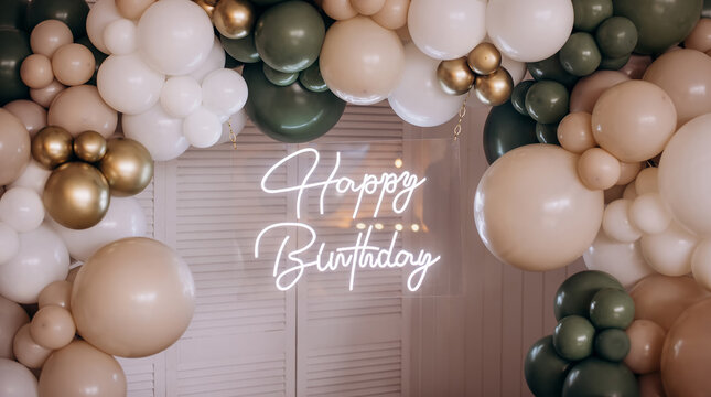 Happy birthday sign neon with balloons. Trendy style. Happy Birthday background. Neon sign. Custom neon. Party decor.