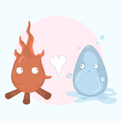 fire and a drop of water like each other. cute vector illustration for print, backround