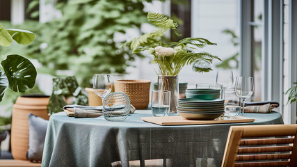 Indoor jungle design ideas, modern table setting, set up table for cozy lunch, AI generative