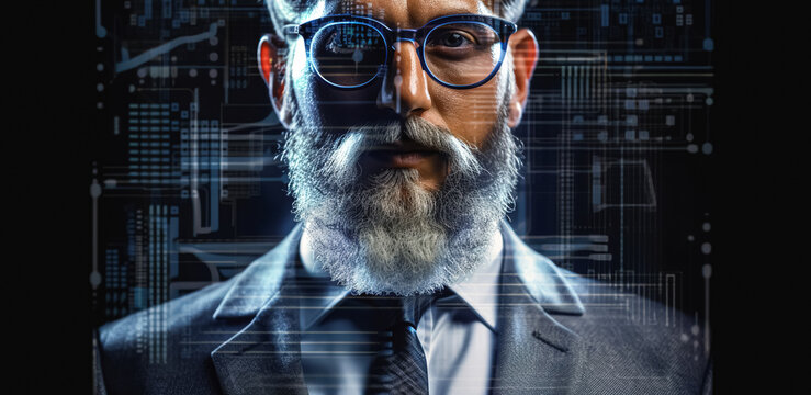 Businessman standing overlay with source code and programmer image and copy space. The concept of programming, cyber security, business and internet of things. digital ai art