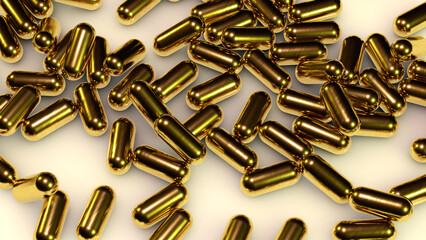 Abstract pile of objects that look like golden pills or bullets. 3D reneder. Omega capsules, gelatin capsule.