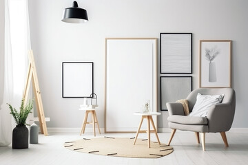 Empty Frame Mockup in Scandinavian style room. Illustration Generative AI