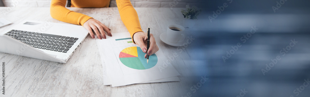Poster woman hand graph with computer on table