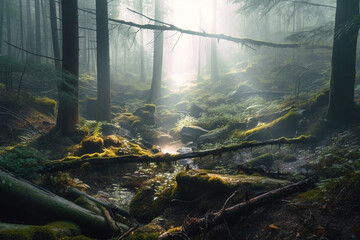 A misty wood after rain landscape made by generative ai