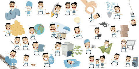 big cartoon collection of a funny businessman in different scenarios