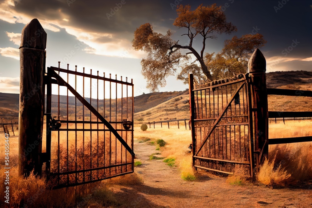 Wall mural rustic iron gates, with wooden fence and rolling hills in the background, created with generative ai