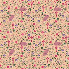 Seamless rabbits and flowers