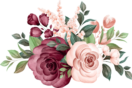 Flower Bouquet Watercolor Illustration. Rose Bloom, Blossom, Vector Graphic,  Floral, Love, Friendship, Marriage, Decoration, Decor, Vintage,  Transparent, Illustrator, AI, EPS, SVG, PNG, JPG Stock Vector