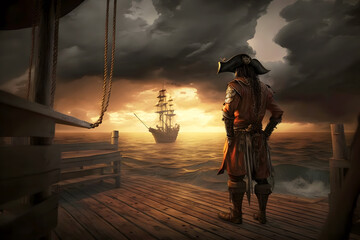 Pirate stands in port overlooking old sailing ships in sea at sunset, generative AI - obrazy, fototapety, plakaty