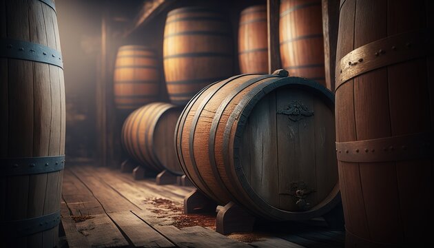 Weinf&auml;sser, Bierf&auml;sser oder Whisky-F&auml;sser im Lager. Gelagerte Holzf&auml;sser mit Getr&auml;nken zum reifen, g&auml;ren und transportieren. Generativ KI  