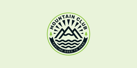 Camping Label logo for mountain club logo with illustration of ski goggles and a tree