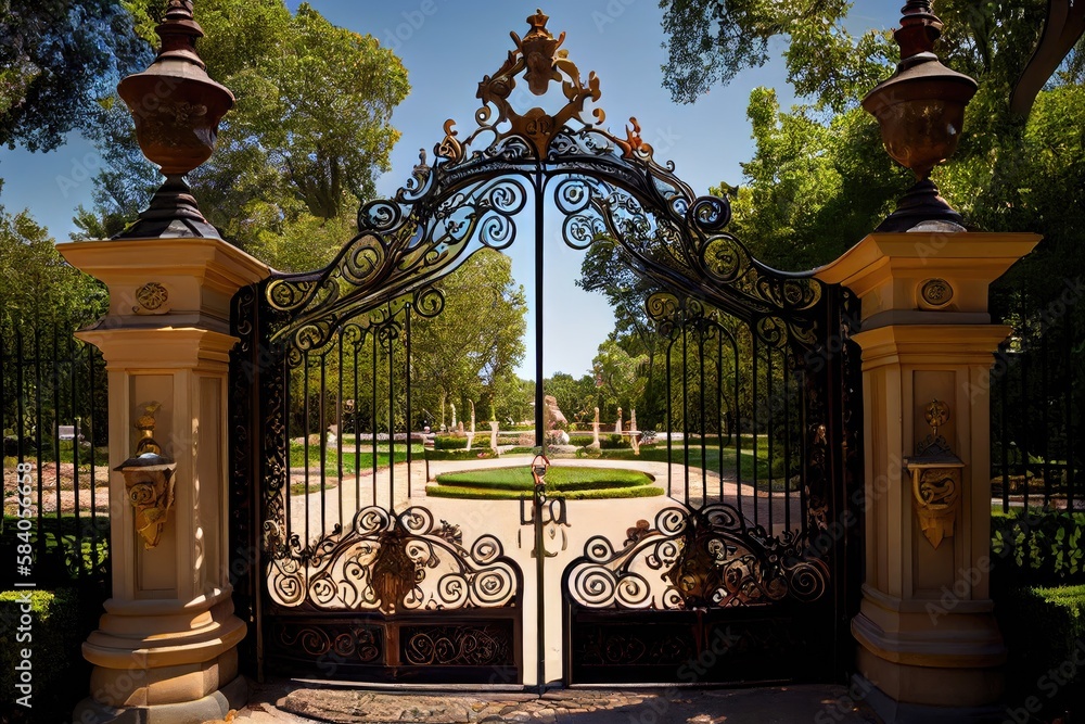 Poster iron mansion gates, with view of serene garden and fountain, created with generative ai