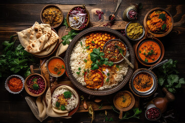 Fototapeta na wymiar top view of Assorted indian food on dark wooden background. 