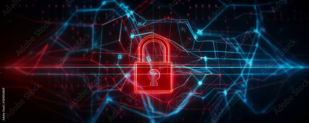 Poster cybersecurity overlay with a red padlock representing a password. wires and connections encircling a