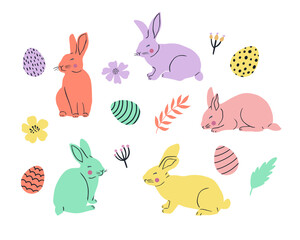 Cute Easter rabbit, egg, plant, flower set. Easter spring bunny character hand drawn collection. Vector illustration