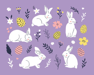 Fototapeta na wymiar Cute Easter rabbit, egg, plant, flower set. Easter spring bunny character hand drawn collection. Vector illustration