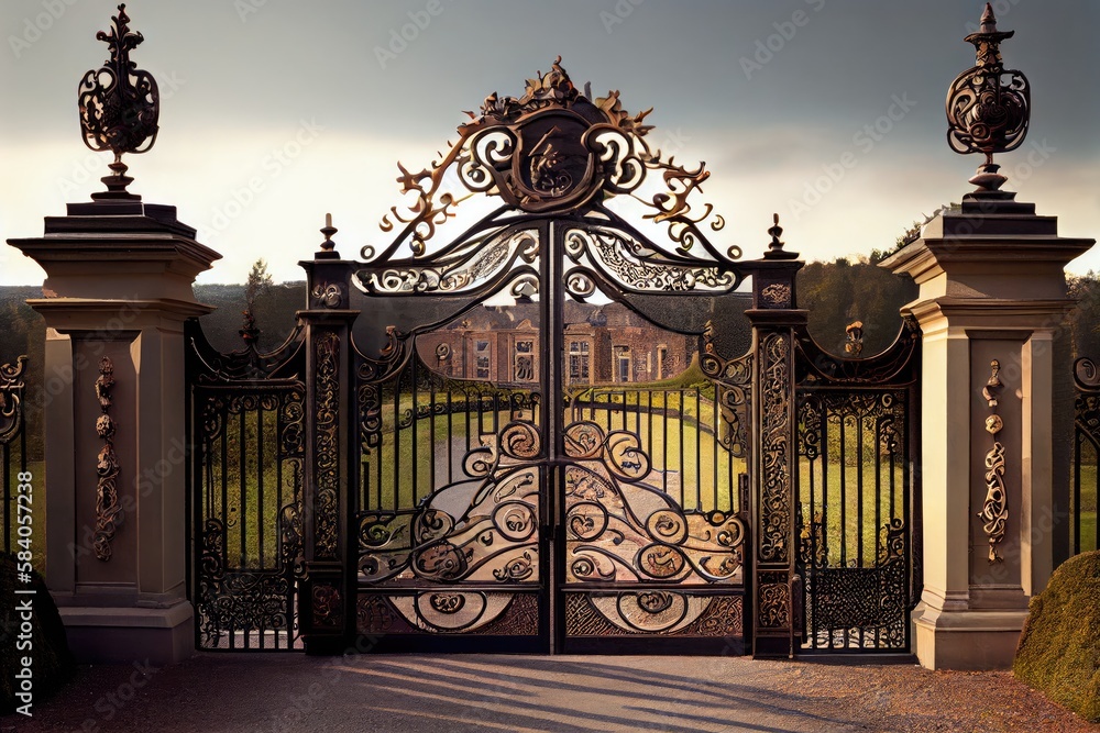 Sticker iron gates at the entrance to a grand and opulent mansion, with manicured grounds and rolling hills in the background, created with generative ai