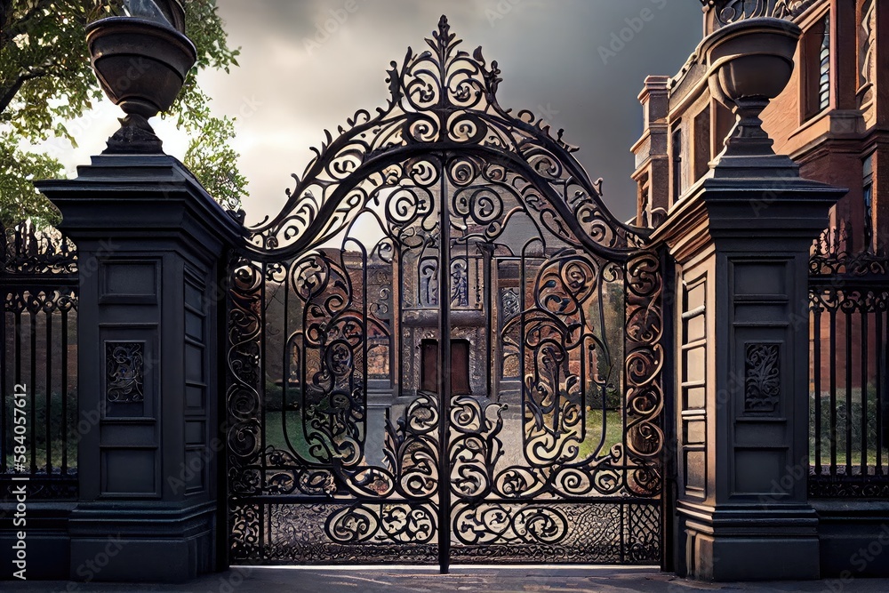 Sticker iron gates, embedded with intricate and delicate scrollwork, leading to grand manor house, created with generative ai