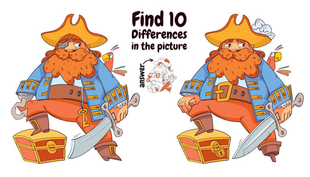 Pirate. Find 10 differences in the picture. Educational game for children. Choose correct answer. Colorful cartoon characters. Funny vector illustration. Isolated white background