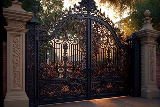 iron mansion gates with intricate and detailed scrollwork, created with generative ai