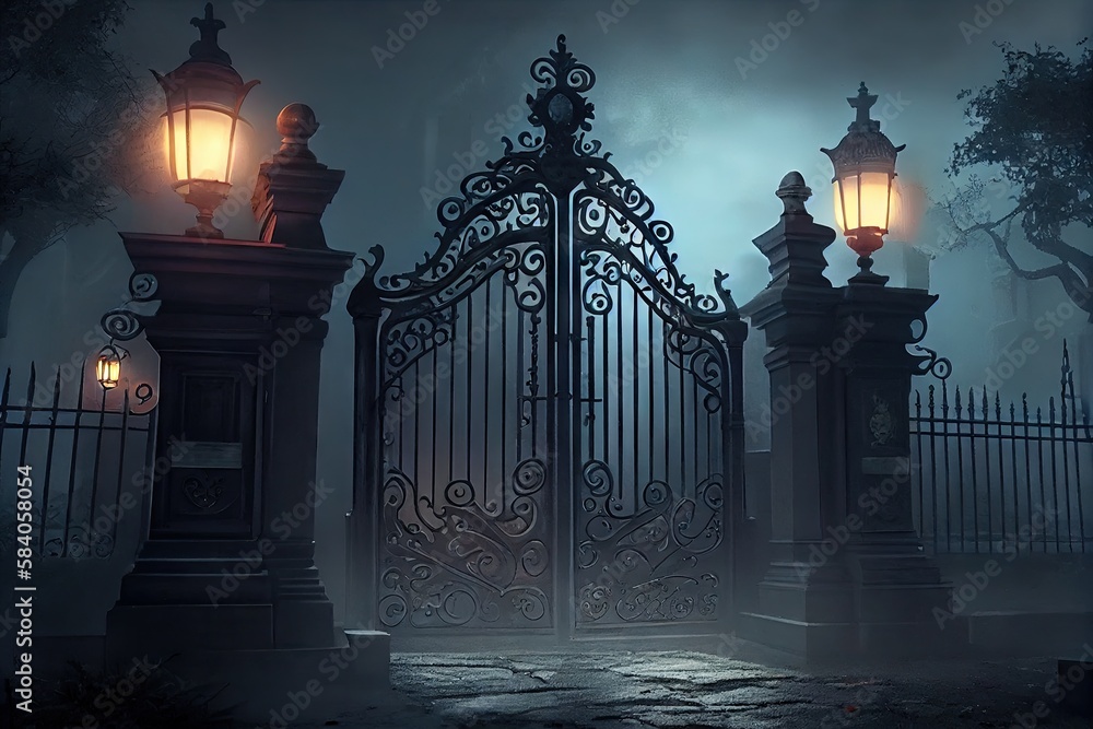 Poster iron mansion gates, with misty fog and lanterns, for a spooky and mysterious vibe, created with generative ai