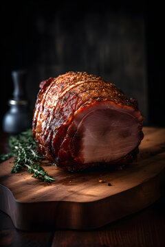Delicious smoked ham on a wooden board with spices. (generative ai)