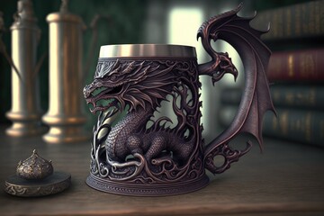 a vintage iron mug, adorned with intricate scrollwork and a handle in the shape of a dragon, created with generative ai